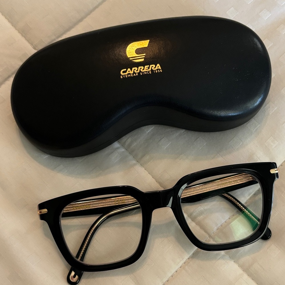 Carrera Black Eyeglasses with Gold Temple Accents